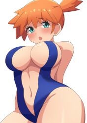 asymmetrical_hair bare_shoulders blue_eyes blue_one-piece_swimsuit blush breasts cleavage closed_mouth creatures_(company) curvy female female_focus game_freak gen_1_pokemon green_eyes gym_leader highres huge_breasts human jpeg kasumi_(pokemon) large_breasts legs looking_at_viewer navel neng_(user_fyxc8875) nintendo one-piece_swimsuit orange_hair pokemon pokemon_(anime) pokemon_(classic_anime) pokemon_rgby ponytail shiny_skin short_hair side_ponytail solo standing swimsuit thick_thighs thighs wide_hips