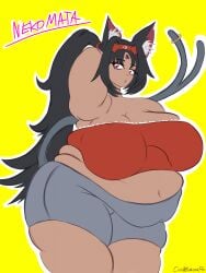 1female 1females 1girls bbw belly belly_button black_hair black_hair_female breasts cat_ears cat_girl cat_tail chubby chubby_female exposed_belly exposed_belly_button exposed_fat_belly fat fat_female fat_girl fat_woman feline female female_focus female_only hoyoverse mihoyo mihoyo_technology_(shanghai)_co._ltd. morbidly_obese nekomiya_mana obese obese_female solo solo_female solo_focus tan-skinned_female tan_skin thick_thighs thighs wide_hips yellow_background zenless_zone_zero