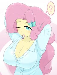 1girls batipin big_breasts breasts equestria_girls female fluttershy_(eg) fluttershy_(mlp) friendship_is_magic looking_at_viewer my_little_pony one_eye_closed solo solo_female