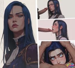 4koma ai_generated arcane before_and_after before_oral blue_eyes blue_hair caitlyn_kiramman clothed_female_nude_male deepthroat defeated defeated_heroine female female_focus hand_on_head league_of_legends licking_penis light-skinned_female light-skinned_male long_hair looking_at_viewer oral oral_sex panels penis penis_in_mouth pov precum precum_drip stacyart69 tears wide_eyed