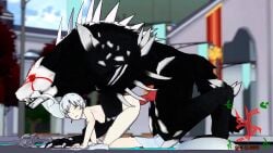 all_fours anal ass beast beowolf_(rwby) blue_eyes boots breasts clothing_aside doggy_style embarrassed grimm_(rwby) mostly_nude nipples outside ponytail rape rooster_teeth rwby sfmslayer small_breasts stripped_naked tagme video weapon weiss_schnee white_hair