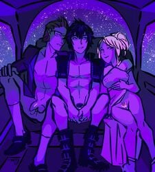 1girls 2017 2boys abs bisexual bisexual_male black_hair blonde_hair boots bottomless brown_hair car dress_aside female final_fantasy final_fantasy_xv gay glasses ignis_scientia lohkay lunafreya_nox_fleuret male mmf mmf_threesome naked_footwear nipple_bulge noctis_lucis_caelum penis pubic_hair pussy shoes stars toned vagina