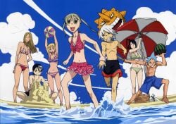 3boys 4girls ball bangs bare_arms barefoot beach beach_umbrella beachball biceps bikini black_hair black_star blonde_hair blue_hair blue_sky blush_stickers bracelet breasts brown_hair clavicle cleavage closed_eyes closed_mouth clothing day death_the_kid elizabeth_thompson feet female food friends frilled_bikini frilled_swimsuit frills fruit grey_hair high_resolution holding_another's_arm jewelry large_breasts light_brown_hair long_hair maka_albarn male male_swimwear medium_breasts midriff multiple_boys multiple_girls muscle nakatsukasa_tsubaki navel ocean official_art open_mouth outdoors pale_skin parted_bangs patricia_thompson ponytail potential_duplicate red_bikini red_swimsuit sand sand_castle sand_sculpture short_hair siblings sister sisters sitting sky small_breasts soul_eater soul_eater_evans striped striped_bikini striped_swimsuit sun swimming_trunks swimsuit tagme teeth tied_hair twintails umbrella wallpaper water watermelon