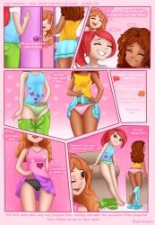 3girls andrea_(lego_friends) ass comic dialogue lego_friends lifting_skirt mia_(lego_friends) narration olivia_(lego_friends) panties saffersoft upskirt yuri