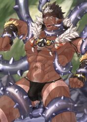 1boy abs bara beard bellsaltr brown_hair bulge chest dark-skinned_male dark_skin facial_hair headband highres jewelry male_focus male_only muscle navel necklace nipples pectorals pointy_ears revealing_clothes shirtless solo spiked_hair tangaroa tattoo tentacle tentacle_sex tentacles_with_male thick_thighs thighs tokyo_afterschool_summoners tokyo_houkago_summoners toned toned_male upper_body white_hair yellow_eyes