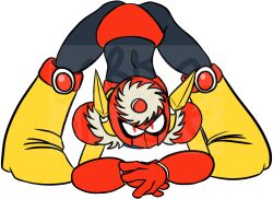 1boy 2d armor black_clothing boots capcom curvy curvy_figure dorkature flexible gloves helmet hi_res high_resolution highres jackochallenge jackopose male_only mask masked masked_male mega_man mega_man_(classic) metal_man no_visible_genitalia red_armor red_eyes robot robot_master shadow_over_eyes solo solo_male spread_legs watermark