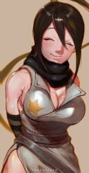 arms_behind_back black_scarf breasts brown_hair cleavage closed_eyes curvy female high_ponytail highres ibuo japanese_clothes large_breasts long_bangs long_hair nakatsukasa_tsubaki ninja ponytail scarf shiny_skin smile solo soul_eater star_(symbol) very_long_hair wide_hips