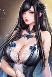 ai_generated black_hair blue_eyes cleavage curvy_female curvy_figure dress female flower flower_in_hair large_breasts looking_at_viewer raven_(stellar_blade) red_lipstick stellar_blade upper_body very_long_hair_female