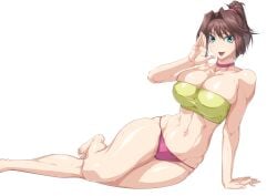 bare_legs bare_shoulders barefoot blue_eyes breasts brown_hair choker female hand_up highres large_breasts linea_alba mazaki_anzu medium_hair navel open_mouth ozaneko panties ponytail purple_choker purple_panties simple_background skindentation smile solo strapless sweat tube_top underwear white_background yu-gi-oh! yu-gi-oh!_duel_monsters yu-gi-oh!_the_dark_side_of_dimensions