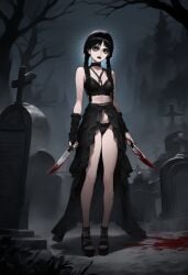 ai_generated black_bra black_eyes black_hair black_handwear black_panties blood cookie-girl dark_fantasy fog goth goth_girl graveyard high_heels jenna_ortega knife the_addams_family wednesday_addams