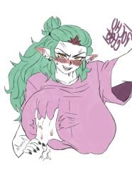 1girls alternate_breast_size amity_blight amity_blight_(beta) big_boobs big_breasts blush breast_grab dress forced_breast_grab green_hair huge_boobs huge_breasts huge_tits huge_tits_teen pochoclogigi the_owl_house thick thick_female