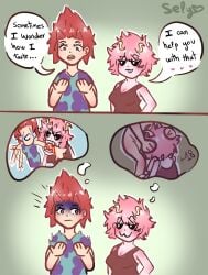 1boy 1girls ashido_mina eijirou_kirishima english_text funny horns horny horny_female humor imagining implied_oral kirishima_eijirou mina_ashido misunderstanding my_hero_academia oral pink_hair red_hair smirk speech_bubble straight thought_bubble