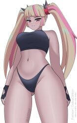 1girls belly big_thighs blonde_hair daikiri_di_mon fortnite fortnite:_battle_royale gloves gyaru hair_ornament lennox_rose_(fortnite) looking_at_viewer low-angle_view multicolored_hair patreon_username pink_eyes thick_thighs thighs thong topwear twintails