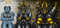 anthro bandai_namco big_breasts blue_(evilfoxyfull) blue_body breasts digimon digimon_(species) evilfoxyfull female gender_transformation genitals gold_(metal) gold_lips gold_nipples gold_tongue hi_res horn huge_breasts hyper hyper_breasts long_nipples male metallic_body nipples penis renamon solo tagme transformation vein veiny_penis yellow_horn