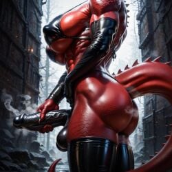 abs ai_generated ass balls black_penis breasts elbow_gloves foreskin futanari latex latex_bikini_top lizard lower_body masturbation muscular penis red_skin reptilian scales tail