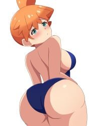 aqua_eyes ass asymmetrical_hair back blue_eyes blue_one-piece_swimsuit blush breasts closed_mouth creatures_(company) female female_focus from_behind game_freak green_eyes gym_leader highres huge_ass kasumi_(pokemon) large_breasts looking_at_viewer looking_back neng_(user_fyxc8875) nintendo one-piece_swimsuit orange_hair pokemon pokemon_(anime) pokemon_(classic_anime) pokemon_rgby ponytail short_hair shoulder_blades side_ponytail sideboob solo swimsuit thick_thighs thighs wide_hips