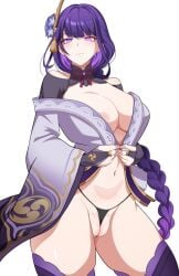 1girls abirdeer braid braided_ponytail breasts cameltoe cleavage curvy curvy_figure expressionless female_only flower flower_in_hair genshin_impact hair_between_eyes hair_ornament hair_over_one_eye japanese_clothes japanese_clothing jewelry long_hair looking_at_viewer midriff mole purple_eyes purple_hair pussy raiden_shogun ribbon ring thick_thighs thighhighs thighs thong underwear undressing wide_hips