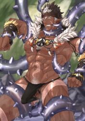 1boy abs bar_censor bara beard bellsaltr brown_hair bulge censor_bar censored censored_genitalia censored_penis chest dark-skinned_male dark_skin erection erection_under_clothes facial_hair headband highres jewelry male_focus male_only muscle navel necklace nipples pectorals pointy_ears revealing_clothes saliva saliva_trail shirtless solo spiked_hair tangaroa tattoo tentacle tentacle_sex tentacles_with_male thick_thighs thighs tokyo_afterschool_summoners tokyo_houkago_summoners toned toned_male upper_body white_hair yellow_eyes