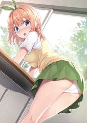 absurdres ass blue_eyes blush breasts brown_hair day desk dutch_angle female from_behind go-toubun_no_hanayome green_hairband green_ribbons green_skirt hair_between_eyes hair_ribbon hairband highres indoors karutamo leaning_forward looking_at_viewer looking_to_the_side medium_breasts nakano_yotsuba non-web_source nose_blush open_mouth panties pantyshot pleated_skirt ribbon school_desk school_uniform shirt short_sleeves skirt solo standing sunlight sweater_vest underwear white_panties white_shirt window