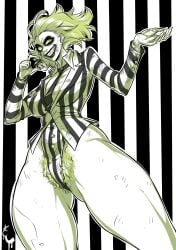 1girls beetlejuice beetlejuice_(character) black_eyeshadow black_lipstick female female_only genderswap_(mtf) green_eyes hairy_pussy looking_at_viewer pubic_hair rule_63 smiling smiling_at_viewer solo teeth_showing thick_thighs turtlechan very_high_resolution