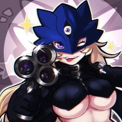 3_eyes beelstarmon blonde_hair dclaret digimon digimon_(species) female gun leather leather_gloves leather_jacket mask multi_eye pov purple_eyes tongue_out underboob wink