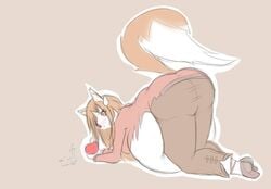 1girls animal_ears apple ass beige_background big_ass big_belly big_tail brown_tail clothing cute dipstick_tail fluffy_tail food fox_ears fox_tail helpless holo huge_ass immobile inflation kemonomimi limited_palette nervous ready_to_pop red_eyes regret_everything round_ass solo spice_and_wolf sweatdrop tail thick thick_ass thick_thighs two_tone_tail vore