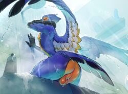 anthro anus ass avian backsack balls bathing bird blue_body blue_feathers feathered_wings feathers genitals hi_res indigochto male nude scuted_arms scutes shower showering solo suds tail tail_feathers water wet wings