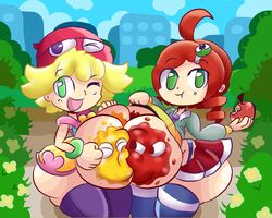 2girls ahoge amitie andou_ringo apple areolae blonde_hair breast_docking breast_squish female gigantic_breasts green_eyes huge_ass huge_breasts huge_butt looking_at_viewer nitrobutter one_eye_closed puyo_puyo puyo_puyo_7 puyo_puyo_fever red_hair school_uniform schoolgirl shortstack small_but_busty stockings symmetrical thong thong_straps twintails winking yuri