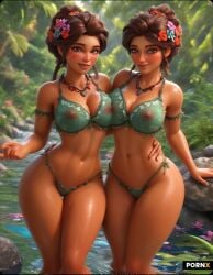 ai_generated big_breasts cute cute_face horny jungle jungle_girl n_1611 river see-through skin_pattern slut slutty_outfit tanned_skin thick_thighs tribal_clothing tribal_markings tribe twin_sisters twins young_female