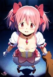 ai_generated artist_logo cleavage cleavage_overflow grabbing grabbing_arm hair_ribbon hi_res imminent_rape imminent_sex looking_at_viewer madoka_kaname madoka_worship magical_girl mahou_shoujo_madoka_magica medium_breasts night petite petite_body petite_female pink_eyes pink_hair pov puella_magi_madoka_magica red_ribbon ribbon ribbons scared solo_focus surprised twintails