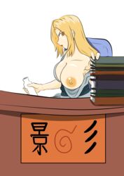 alcohol areolae blonde_hair book books breasts brown_eyes chair desk female female_only hokage holding_object kimono long_hair looking_at_viewer maghost naruto naruto_shippuden nipples on_side one_breast_out sake sake_bottle short_kimono simple_background solo tsunade white_background