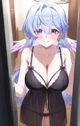 1girls angel_wings black_dress blush breasts cleavage curvy curvy_body door dress eye_contact female female_only green_eyes halo honkai:_star_rail honkai_(series) house inviting large_breasts lingerie looking_at_viewer mihoyo nightgown opening_door panties purple_hair robin_(honkai:_star_rail) seductive seductive_look slutty_outfit smile solo