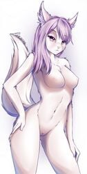 amber_eyes animal_ears animal_tail anthro belly belly_button breasts breasts_exposed eyebrows_visible_through_hair female fluffy fluffy_tail furry hand_on_thigh likunea long_hair looking_at_viewer medium_breasts naked nipples nude pose purple_hair pussy raised_tail solo_female standing straight_hair tail vagina white_background white_fur