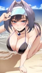 alternate_costume beach bikini black_bikini black_hair black_nails blue_eyes blue_sky blush breasts cloud cloudy_sky collarbone commentary day earrings english_commentary fingernails hair_intakes highres hololive hololive_english horizon jewelry lessone nail_polish ocean ouro_kronii outdoors paid_reward_available short_hair sky smile swimsuit virtual_youtuber visor_cap