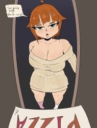 1girls big_breasts breasts delivery different_socks doorway english_text female freckles freckles_on_face ginger large_breasts leekcheek looking_at_viewer original original_character oversized_clothes oversized_sweater pizza_box red_hair socks solo solo_focus talking_to_viewer thick thick_thighs