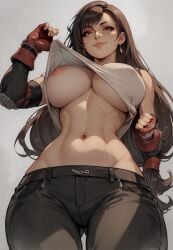 1girls ai_generated areolae big_breasts final_fantasy hi_res looking_at_viewer looking_down low-angle_view nip_slip nipples pants solo tifa_lockhart underboob,