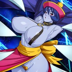 :o areola_slip areolae armpits blue_background blush bow breasts buckle chinese_clothes claws clothing collar collarbone commentary_request cosplay cowboy_shot darkstalkers detached_sleeves fate/grand_order fate_(series) female fushisha_o glowing groin hat hip_focus hsien_ko huge_breasts jiangshi large_bow large_breasts lei-lei lei_lei loincloth long_sleeves looking_at_viewer nipple_slip nipples o-ring o-ring_top ofuda open_mouth passion_lip_(cosplay) passionlip_(cosplay) pink_eyes pink_headwear purple_hair purple_skin revealing_clothes sash short_hair solo standing yellow_bow