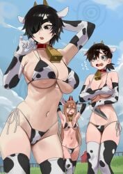 3girls :p barn bell belly_button bikini bikini_bottom bikini_top blonde_hair blue_sky chainsaw_man clouds collar covering_breasts cow_bikini cow_ears cow_girl cow_horns cow_print cowbell crying crying_with_eyes_open dark_hair embarrassed eyepatch farm fit_female g-string gloves grass higashiyama_kobeni himeno_(chainsaw_man) horns knife kobeni_higashiyama light-skinned_female long_hair long_sleeves nia4294 power_(chainsaw_man) rolling_eyes short_hair string_bikini thighhighs thighs worried