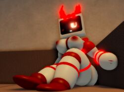 :< blush_lines body_markings bow_on_head breast_focus breasts_out couch female_only glowing_markings goofylookin horns large_breasts missing_eye on_couch red_areola roblox robot sitting sofa solo_female tv_head tv_head_robot unamused zalaria_(goofylookin)