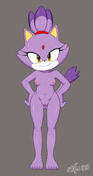 2020 amber_eyes anthro blaze_the_cat breasts butt_from_the_front digital_media_(artwork) domestic_cat excito eyelashes felid feline felis female forehead_gem front_view fur furry furry_only genitals grey_background hair hands_on_hips hi_res looking_at_viewer mammal naked navel nipples nude pink_nipples ponytail purple_body purple_hair purple_skin pussy signature simple_background small_breasts solo sonic_(series) sonic_the_hedgehog_(series) standing tail