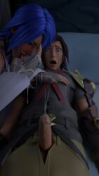 1boy 1boy1girl 1girls 3d aqua_(kingdom_hearts) blue_eyes blue_hair blush brown_hair cum cum_in_mouth cum_on_hand ejaculation kingdom_hearts licking_cum male_focus penis square_enix terra_(kingdom_hearts) tongue_out usbsantiago