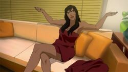 1girls big_barda black_hair cleavage couch dc dc_comics female female_only long_hair looking_at_viewer lowres medium_breasts shrug sitting solo superman/batman:_apocalypse tagme tan_body the_new_gods towel