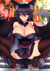 black_hair blue_eyes copyright_request fox_ears fox_tail foxykuro kiri_(sub-res) kitsune large_breasts tagme tail thighs