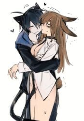 1boy 1girls aqinaaam bunny_ears bunny_tail cat_ears cat_tail convenient_censoring dubious_consent heart hugging no_bra no_panties original original_character questionable_consent shaking smile tear tearing_up trembling