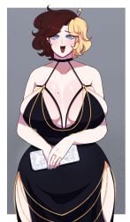 ahoge barely_contained_breasts belly belly_folds big_breasts big_hips black_dress blonde_female blonde_hair blue_eyes boob_squish boobs_bigger_than_head bracelet bracelets breast_squish breasts breasts_bigger_than_head chains chubby chubby_female cleavage cowlick darpunk dress dressed dye dyed_hair earring earrings fancy_clothing fancy_dress hips hips_wider_than_shoulders jewelry mole mole_on_breast necklace nervous nervous_expression nervous_face nervous_female nervous_smile nervous_sweat oc original original_character ring ring_(jewelry) rings tagme tight_clothes tight_clothing tight_dress tight_fit