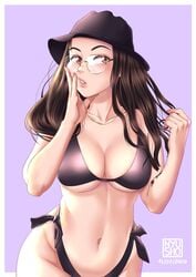 1girls ass big_ass big_breasts black_bikini breasts brown_eyes brown_hair cute date fanart female female_focus female_only glasses hand_on_face heyimbee holding_hair instagram lips long_hair nyusho pale_skin pinup purple_background skindentation solo solo_female streamer swimsuit tattoo thick_thighs twitch.tv wide_hips youtube youtuber