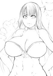 1boy 1boy1girl 1girls behind_another bikini_top choker fate/grand_order fate_(series) hands_on_hips imminent_rape imminent_sex long_hair no_color reaching_out rough_sketch saint_martha saint_martha_(swimsuit_ruler) serious simple_background sketch smirk stern_expression white_background