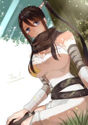 bandaged_arm bandages bare_shoulders black_hair blue_eyes breasts cleavage female high_ponytail highres large_breasts long_hair looking_to_the_side nakatsukasa_tsubaki nambu_01 ninja outdoors signature sitting solo soul_eater star_(symbol) tree under_tree