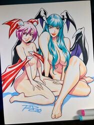 2girls bad_id bad_twitter_id bat_wings breasts convenient_censoring copic copic_markers darkstalkers demon_girl drawn english_commentary eyeshadow flat_chest green_hair grin hair_censor hands_on_own_thighs head_wings highres large_breasts lilith_aensland lips lipstick long_hair looking_at_viewer low_wings makeup marker_(medium) morrigan_aensland multiple_girls navel negarobo nude orange_eyes pale_skin photo_(medium) purple_eyes purple_hair robert_porter seiza short_hair siblings signature sisters sitting slit_pupils smile succubus thick_thighs thighs toes traditional_media traditional_media_(artwork) wing_censor wings