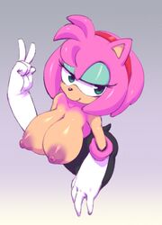 1girls alternate_breast_size alternate_version_available amy_rose amy_the_bat bimbo breast_focus breasts_out busty eyes_half_open huge_areolae huge_breasts nipples nitro peace_sign pink_hair rouge_the_bat_(cosplay) sega sonic_(series) sonic_the_hedgehog_(series)